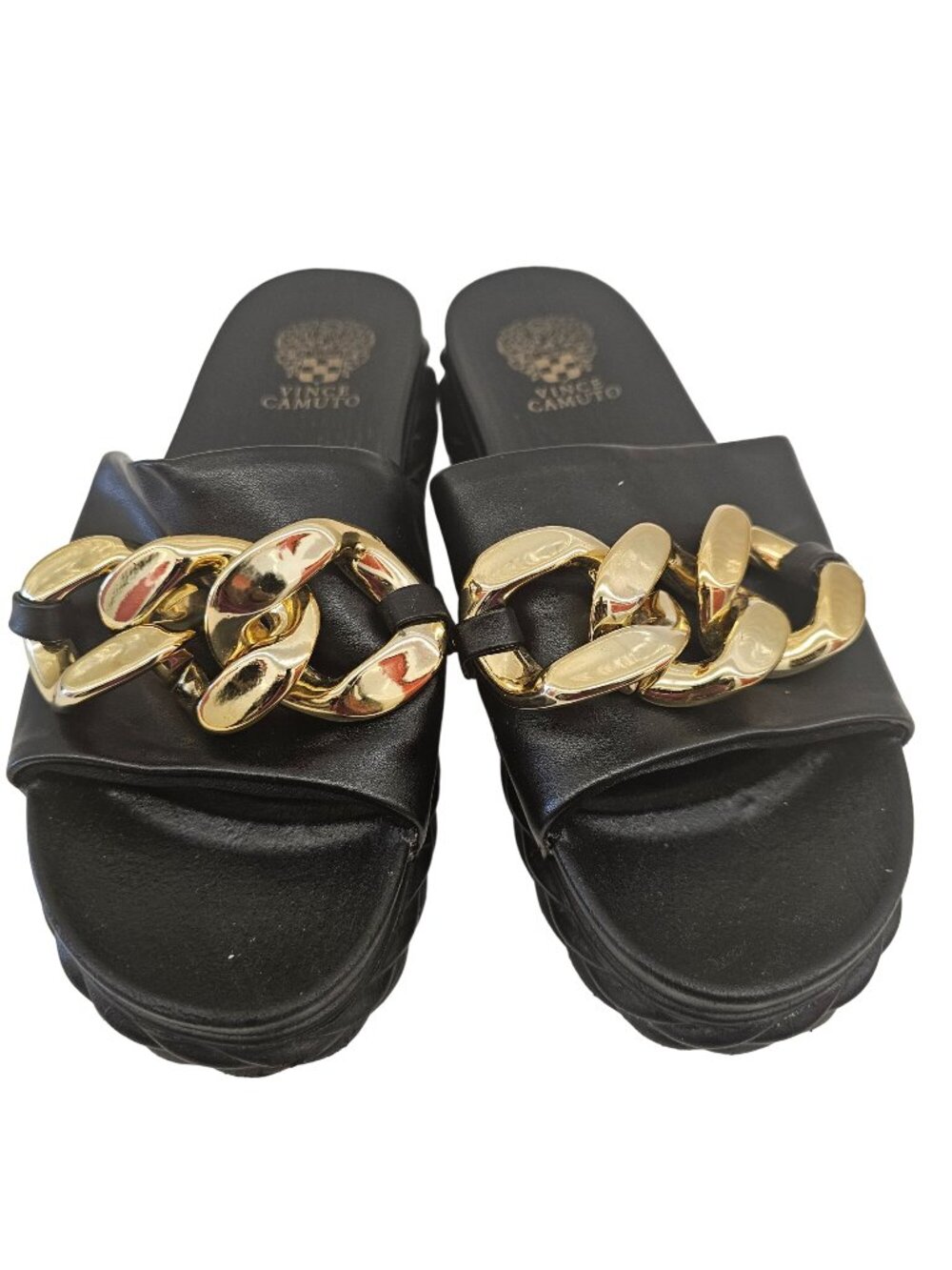 Vince Camuto Black Slides With Gold Chain Detail - Size 10